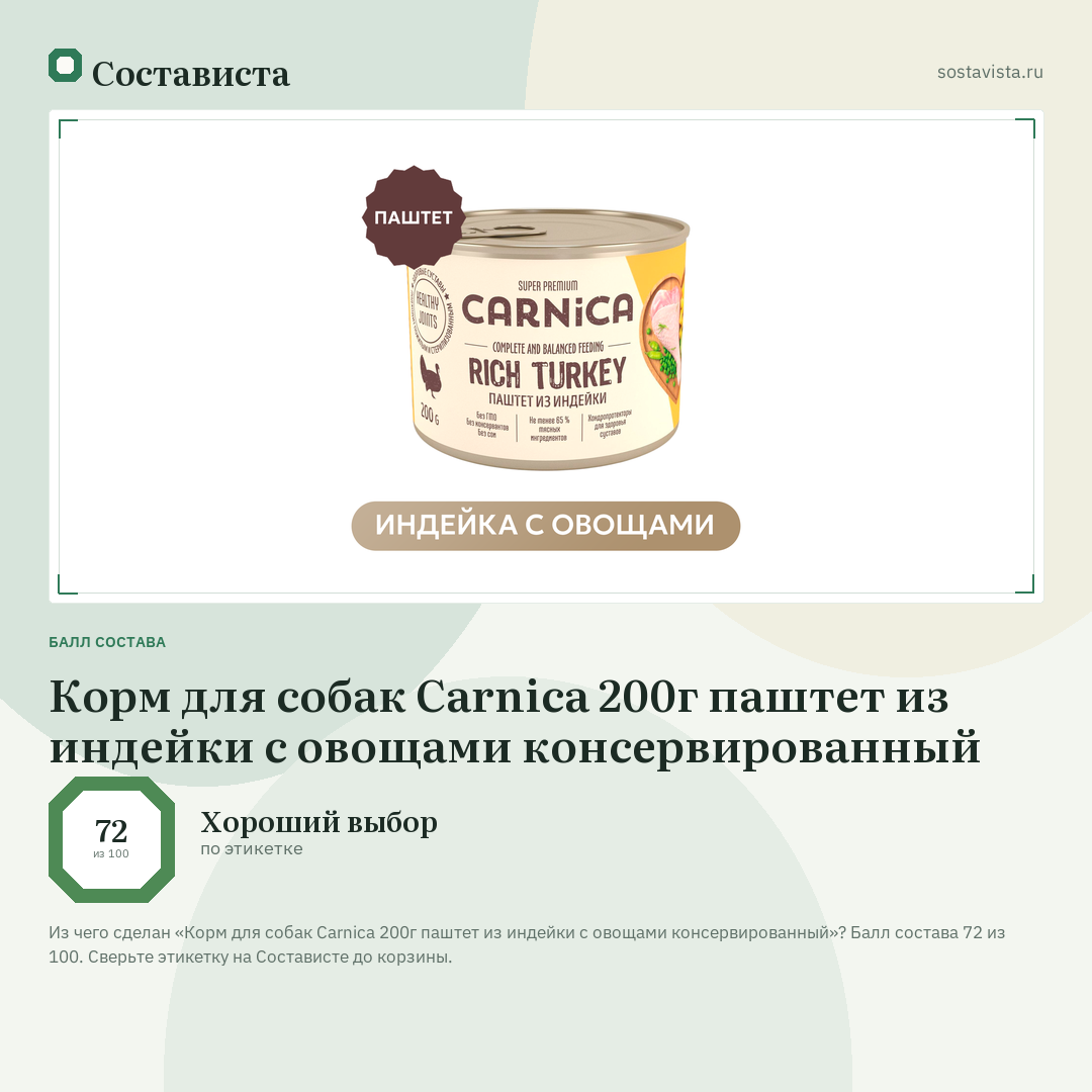 Корм для собак Carnica 200г паштет из индейки с овощами консервированный: балл состава 72 из 100 — Состависта