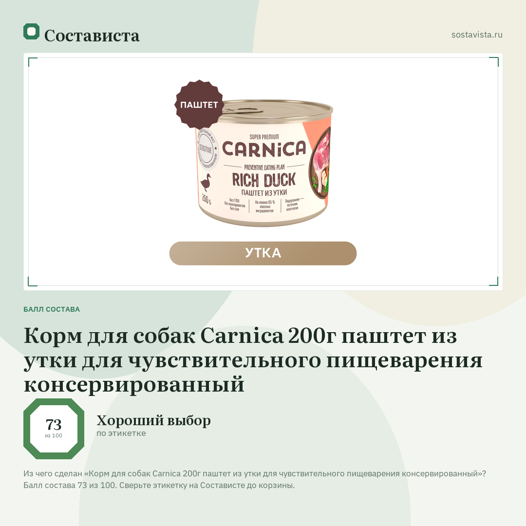 Корм для собак Carnica 200г паштет из утки для чувствительного пищеварения консервированный: балл состава 73 из 100 — Состависта