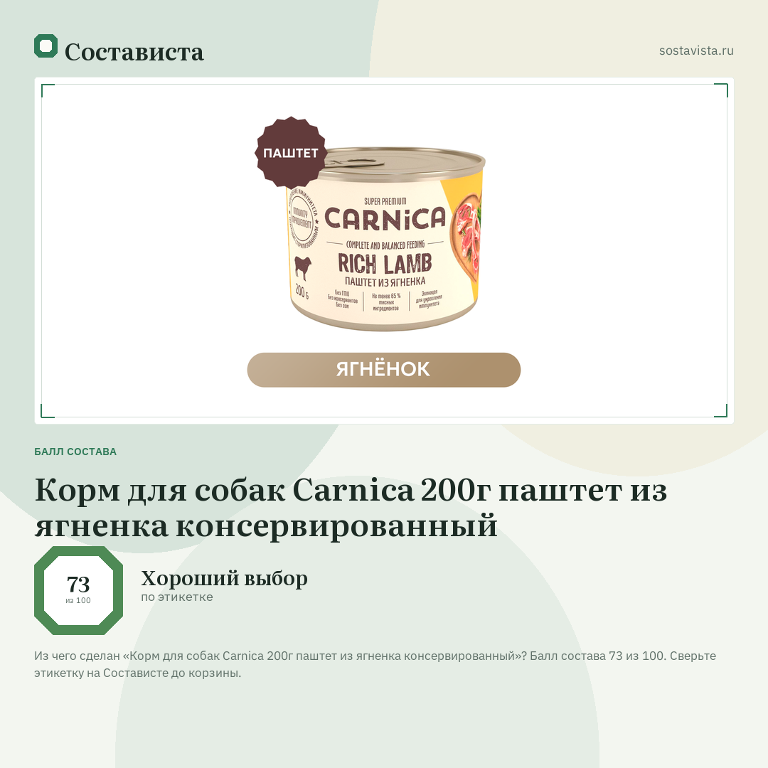 Корм для собак Carnica 200г паштет из ягненка консервированный: балл состава 73 из 100 — Состависта