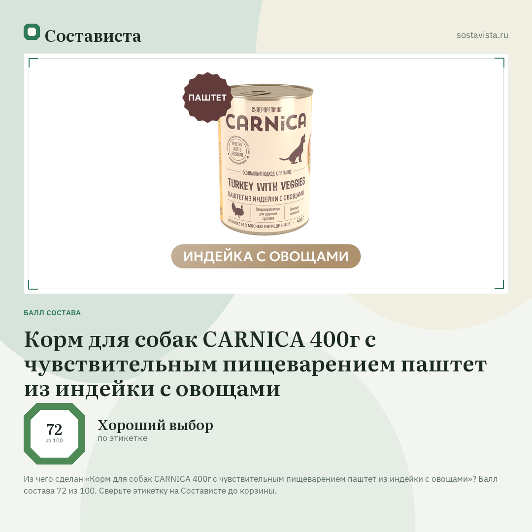 Корм для собак CARNICA 400г с чувствительным пищеварением паштет из индейки с овощами: балл состава 72 из 100 — Состависта