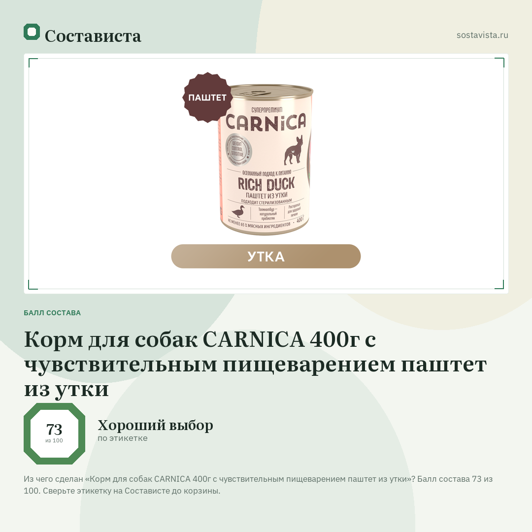 Корм для собак CARNICA 400г с чувствительным пищеварением паштет из утки: балл состава 73 из 100 — Состависта