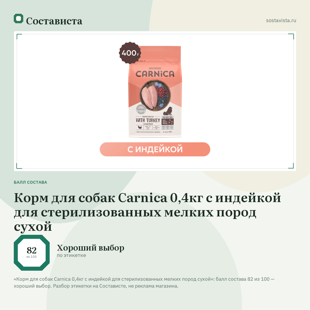 Корм для собак Carnica 0,4кг с индейкой для стерилизованных мелких пород сухой: балл состава 82 из 100 — Состависта