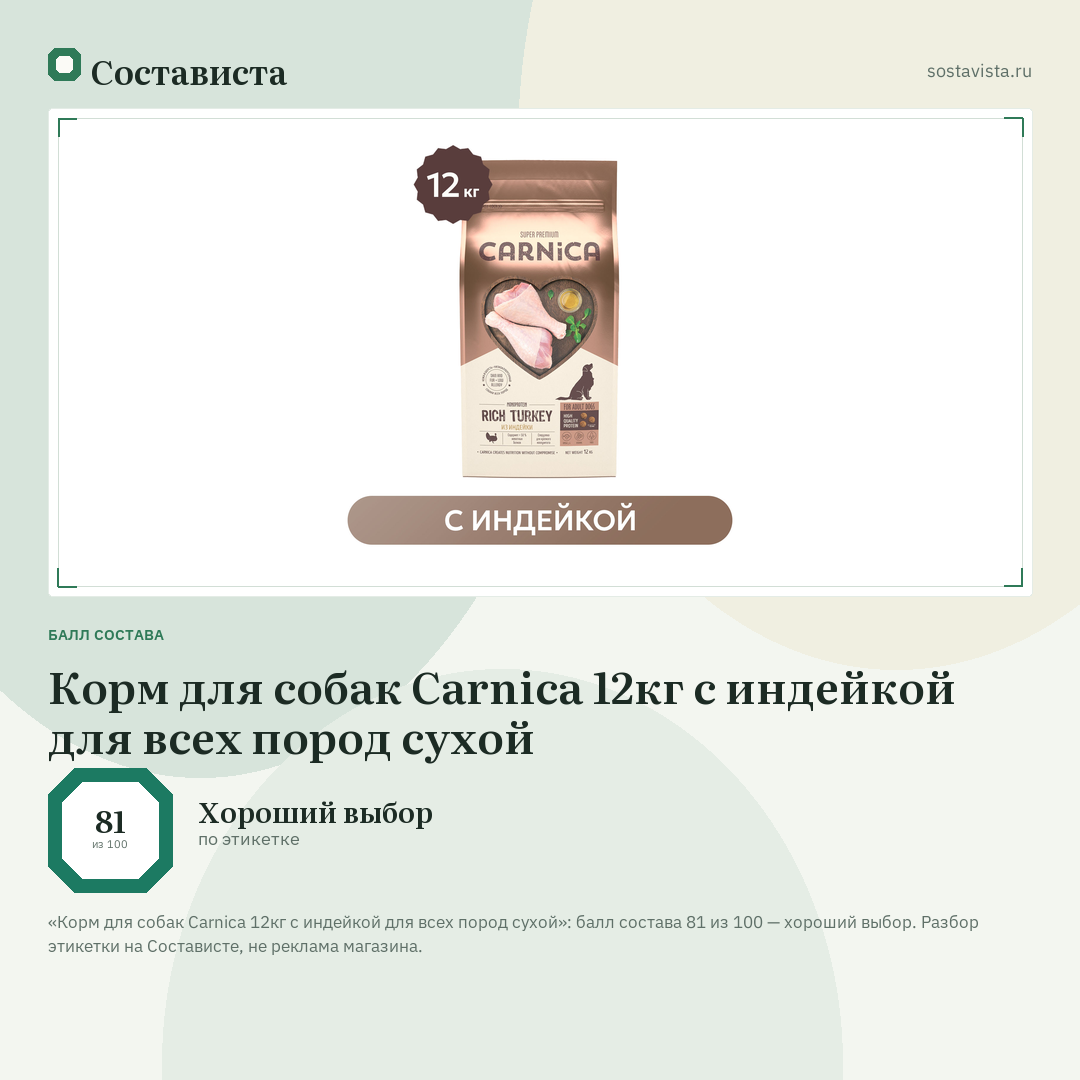 Корм для собак Carnica 12кг с индейкой для всех пород сухой: балл состава 81 из 100 — Состависта