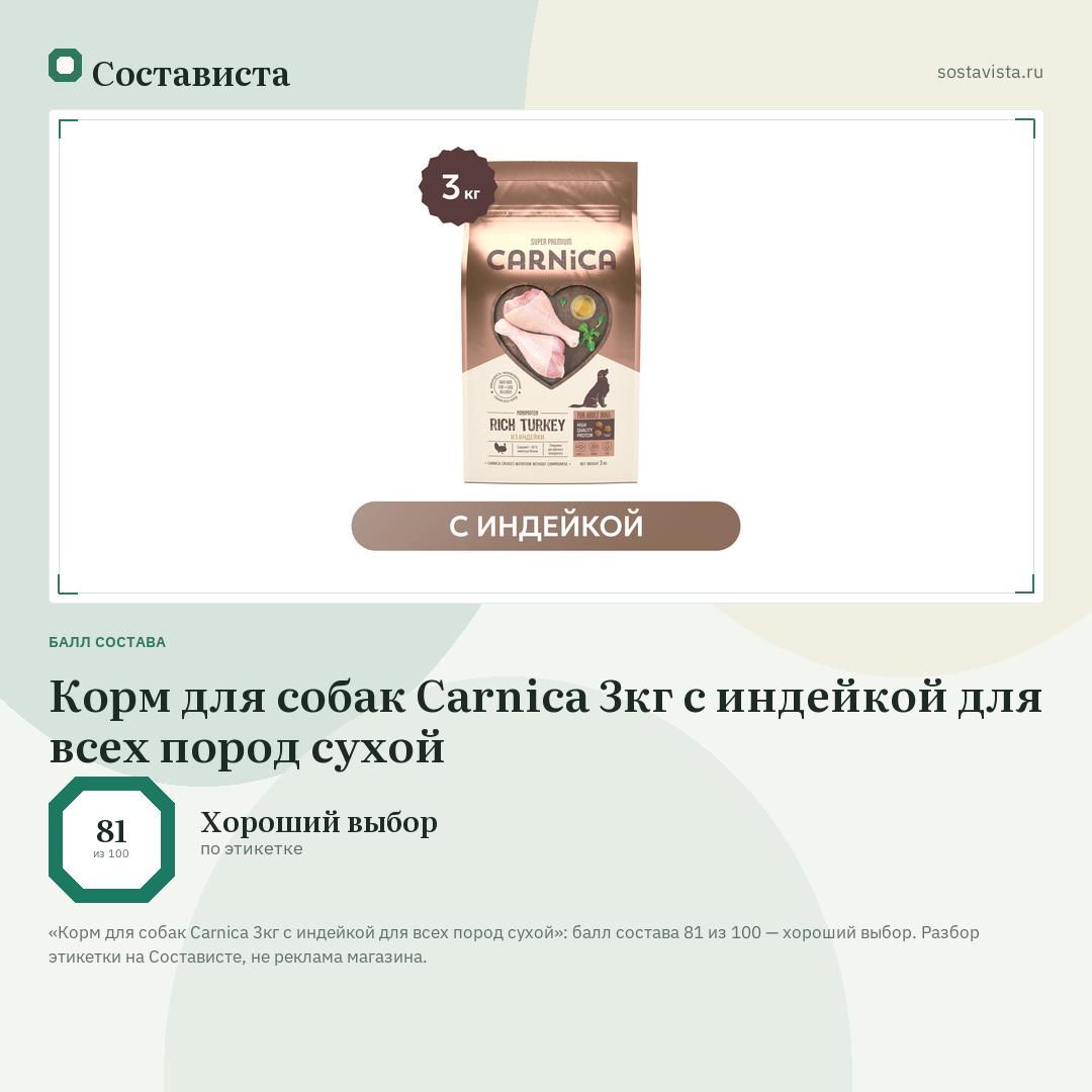 Корм для собак Carnica 3кг с индейкой для всех пород сухой: балл состава 81 из 100 — Состависта