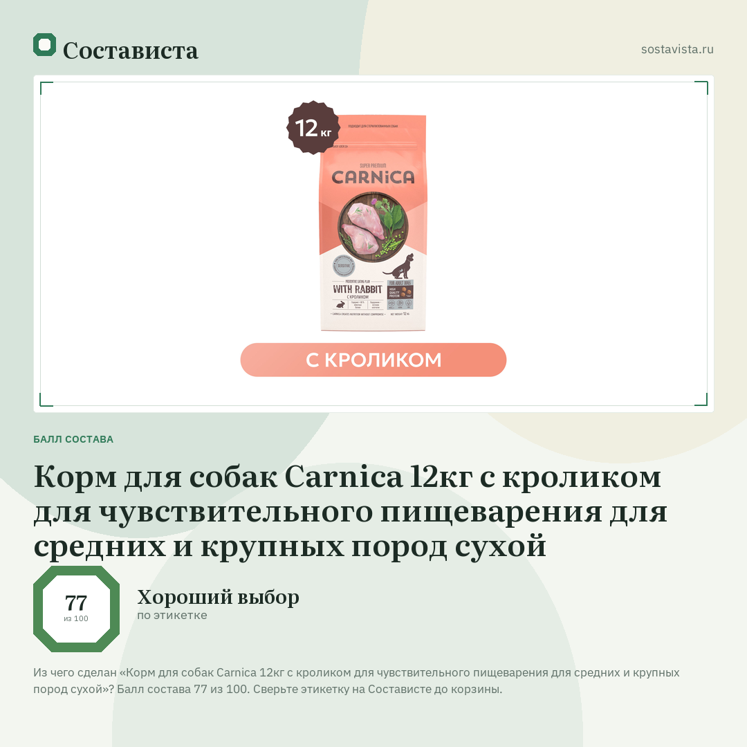 Корм для собак Carnica 12кг с кроликом для чувствительного пищеварения для средних и крупных пород сухой: балл состава 77 из 100 — Состависта