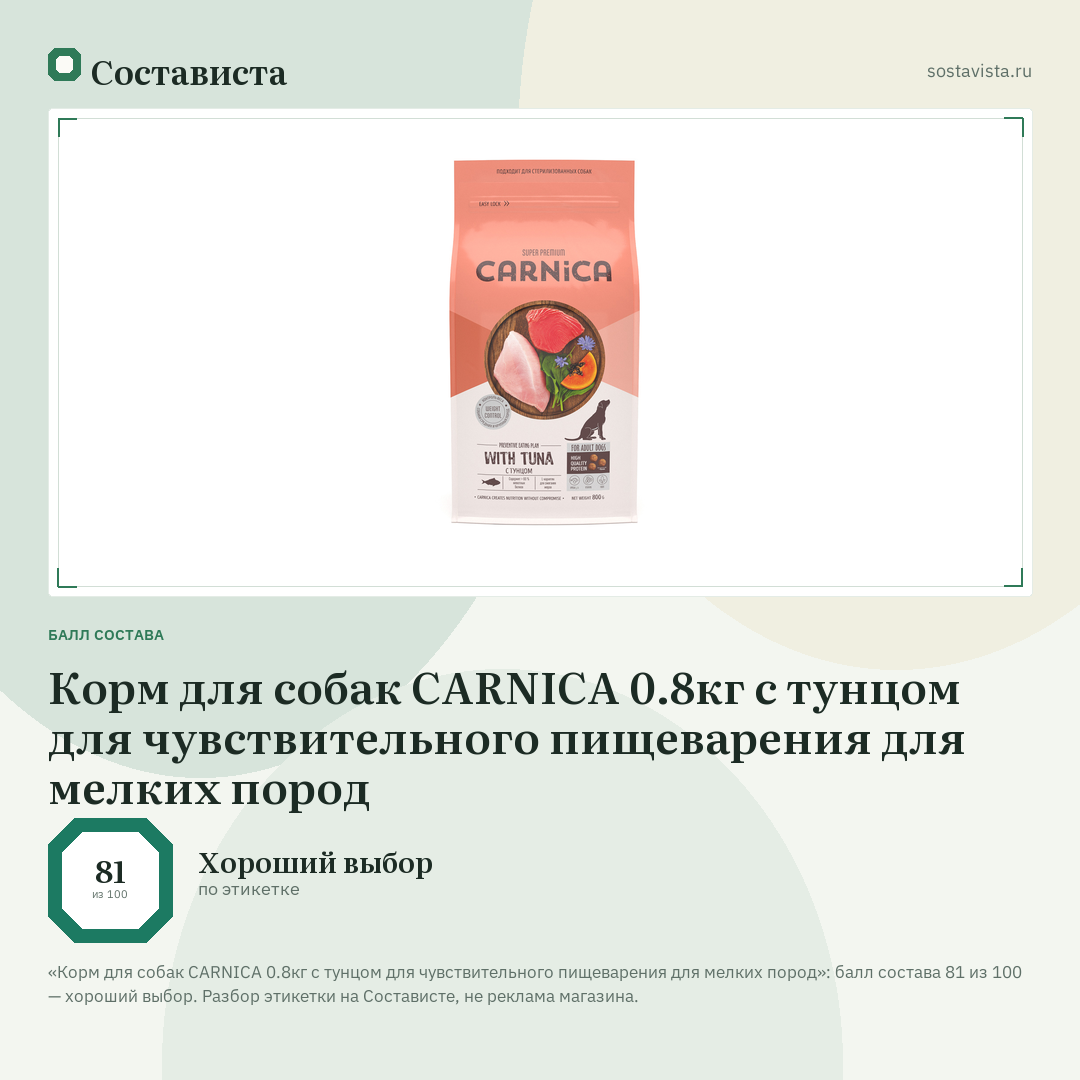 Корм для собак CARNICA 0.8кг с тунцом для чувствительного пищеварения для мелких пород: балл состава 81 из 100 — Состависта