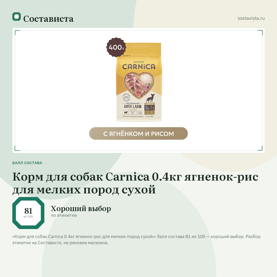 Корм для собак Carnica 0.4кг ягненок-рис для мелких пород сухой: балл состава 81 из 100 — Состависта