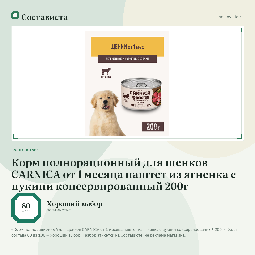 Корм полнорационный для щенков CARNICA от 1 месяца паштет из ягненка с цукини консервированный 200г: балл состава 80 из 100 — Состависта