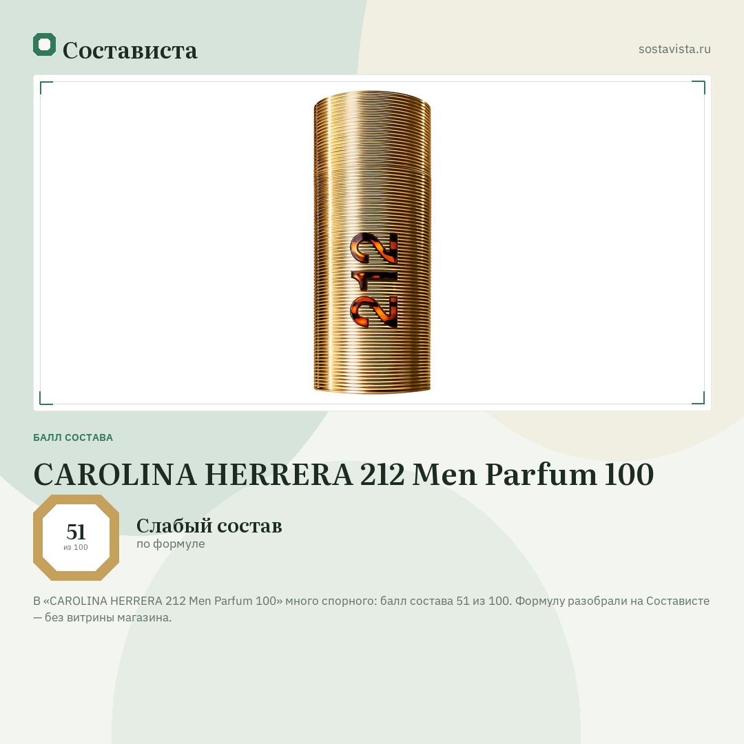 CAROLINA HERRERA 212 Men Parfum 100: балл состава 51 из 100 — Состависта