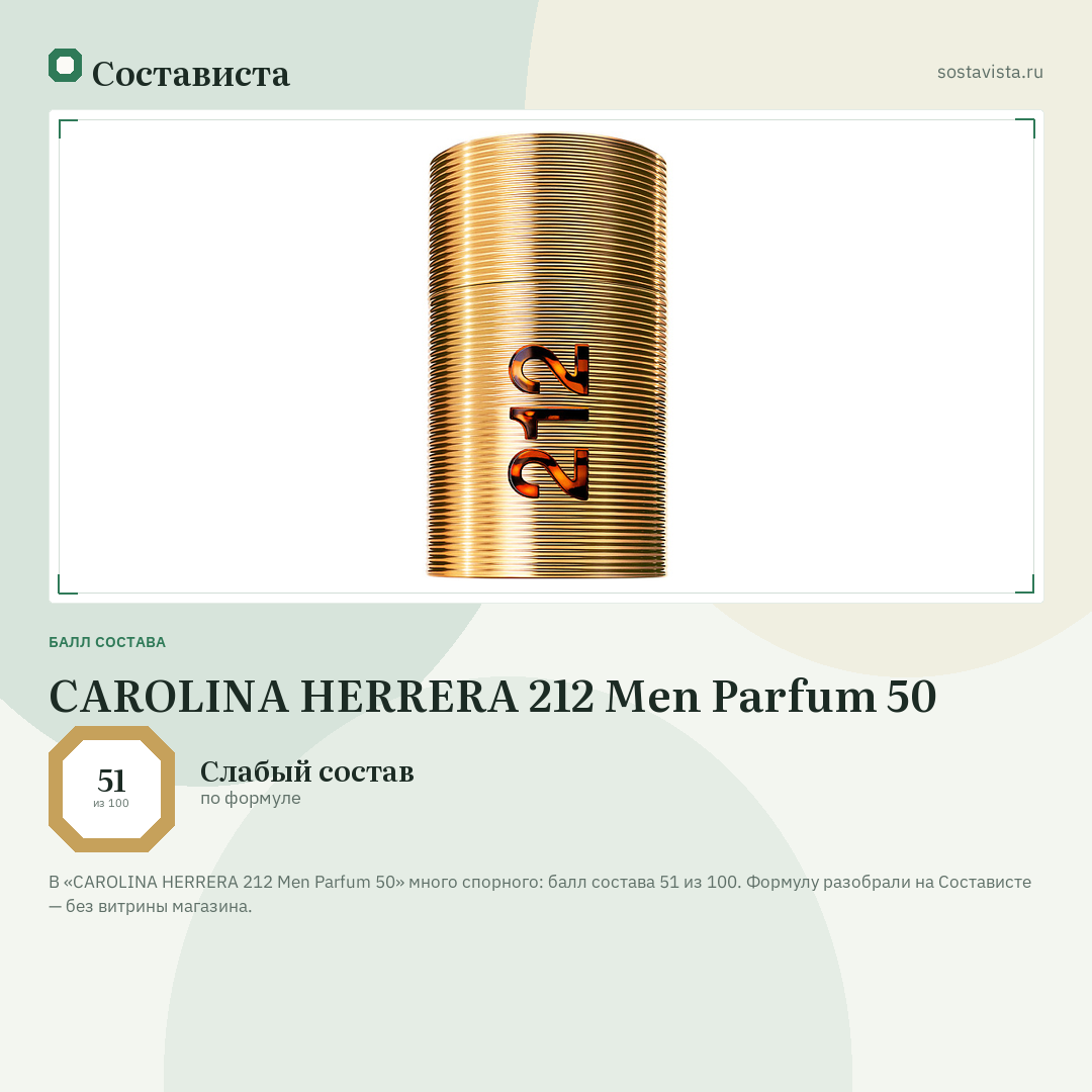 CAROLINA HERRERA 212 Men Parfum 50: балл состава 51 из 100 — Состависта