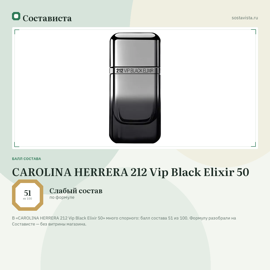 CAROLINA HERRERA 212 Vip Black Elixir 50: балл состава 51 из 100 — Состависта
