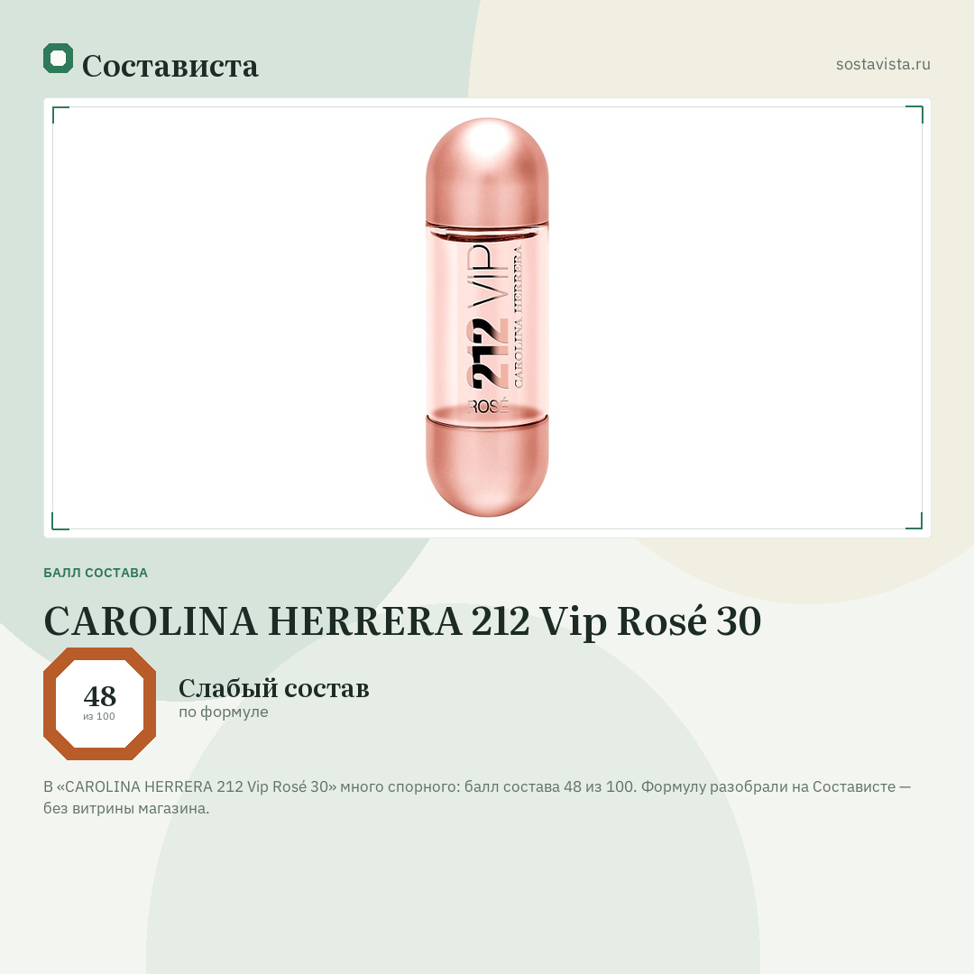 CAROLINA HERRERA 212 Vip Rosé 30: балл состава 48 из 100 — Состависта