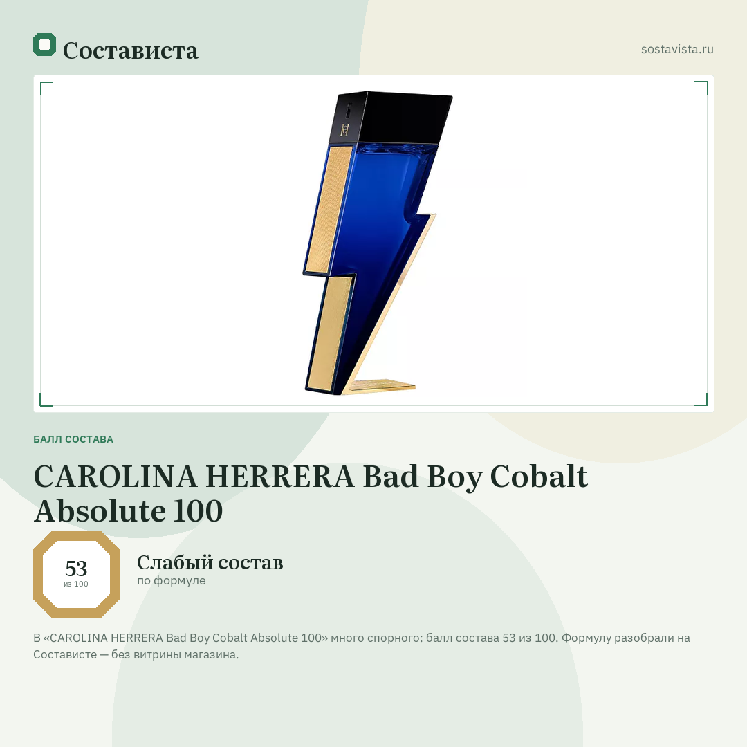 CAROLINA HERRERA Bad Boy Cobalt Absolute 100: балл состава 53 из 100 — Состависта