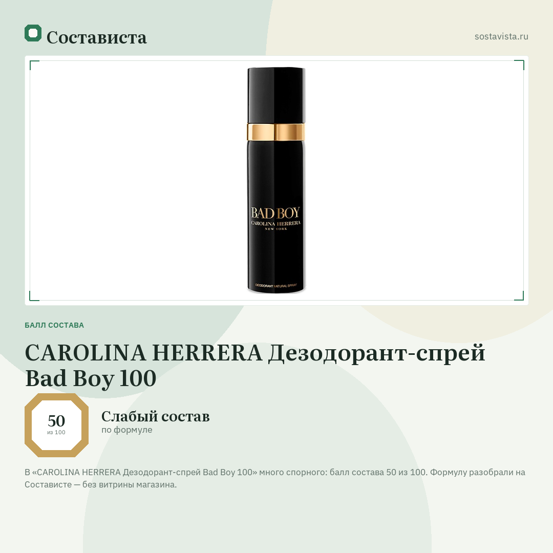CAROLINA HERRERA Дезодорант-спрей Bad Boy 100: балл состава 50 из 100 — Состависта