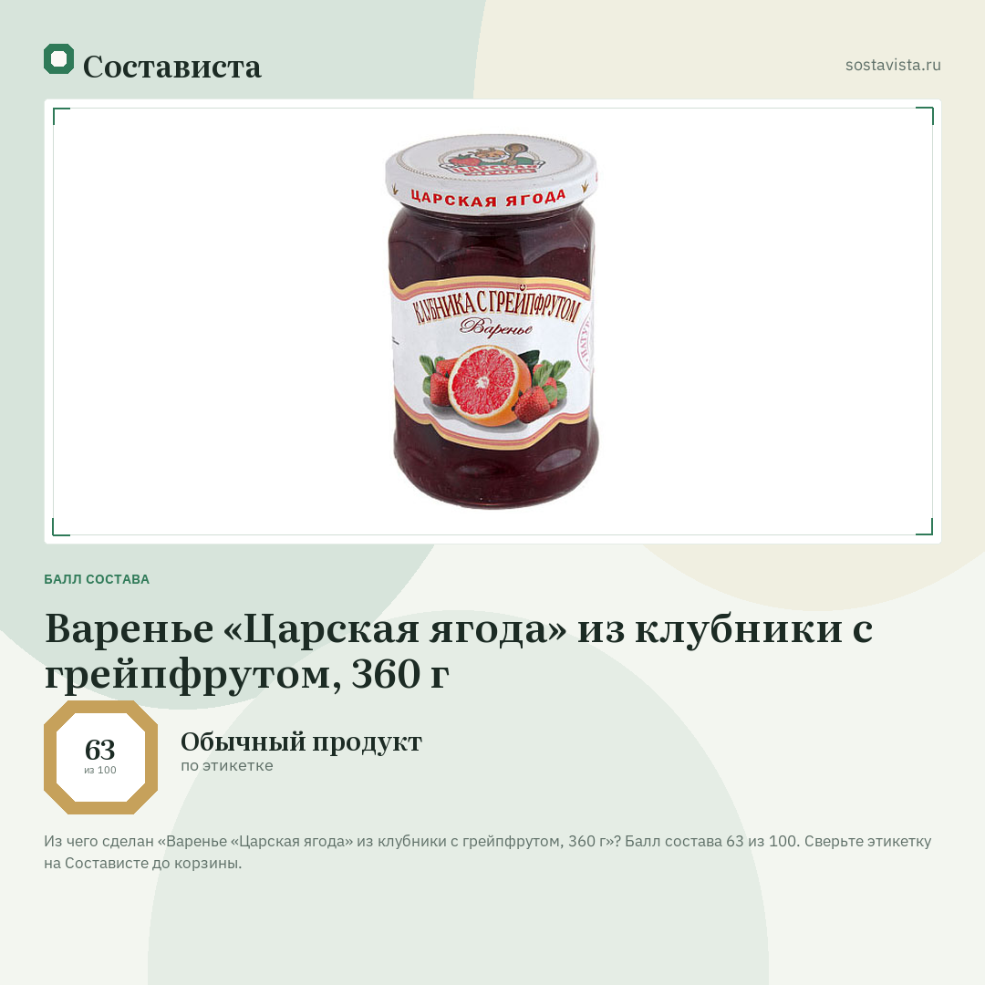 Варенье «Царская ягода» из клубники с грейпфрутом, 360 г: балл состава 63 из 100 — Состависта