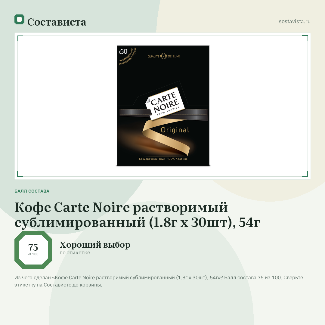 Кофе Carte Noire растворимый сублимированный (1.8г x 30шт), 54г: балл состава 75 из 100 — Состависта