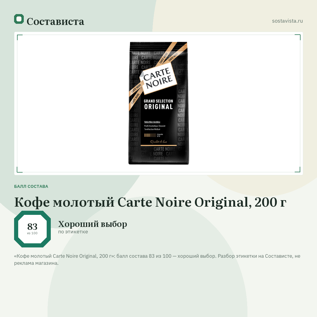 Кофе молотый Carte Noire Original, 200 г: балл состава 83 из 100 — Состависта