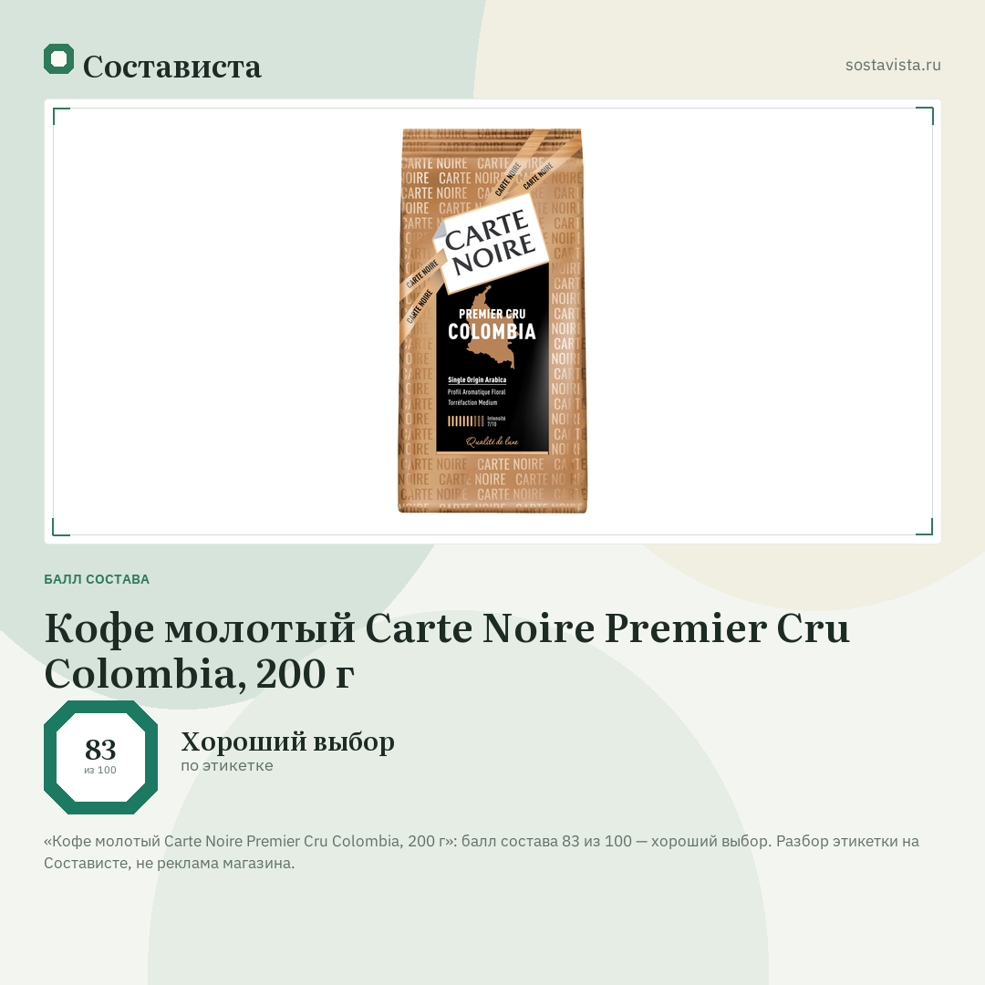Кофе молотый Carte Noire Premier Cru Colombia, 200 г: балл состава 83 из 100 — Состависта