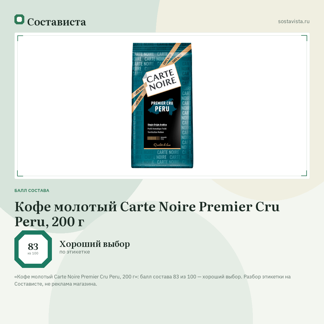 Кофе молотый Carte Noire Premier Cru Peru, 200 г: балл состава 83 из 100 — Состависта
