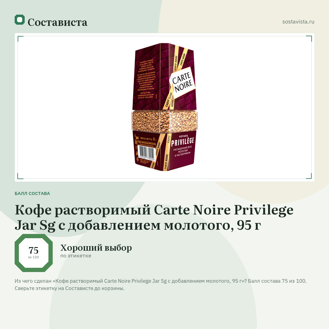 Кофе растворимый Carte Noire Privilege Jar Sg с добавлением молотого, 95 г: балл состава 75 из 100 — Состависта