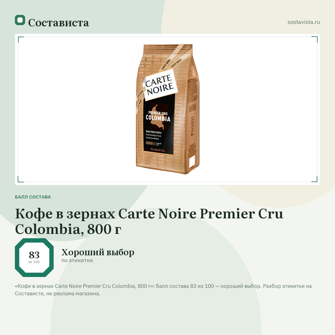 Кофе в зернах Carte Noire Premier Cru Colombia, 800 г: балл состава 83 из 100 — Состависта