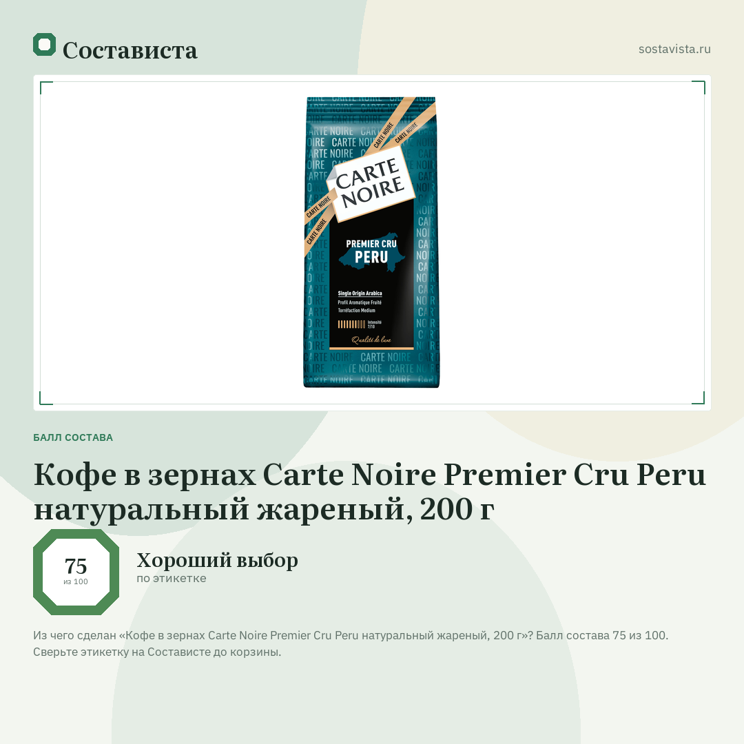 Кофе в зернах Carte Noire Premier Cru Peru натуральный жареный, 200 г: балл состава 75 из 100 — Состависта