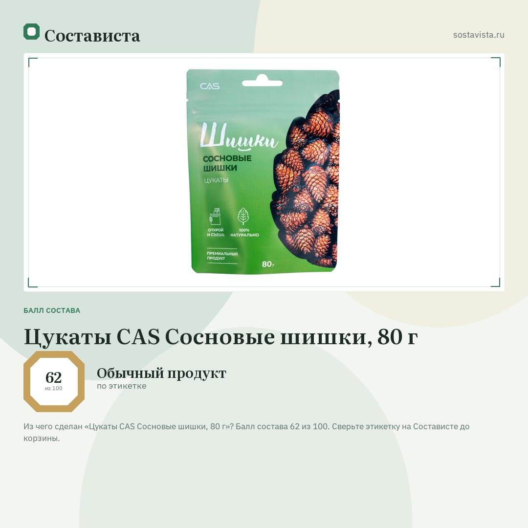 Цукаты CAS Сосновые шишки, 80 г: балл состава 62 из 100 — Состависта