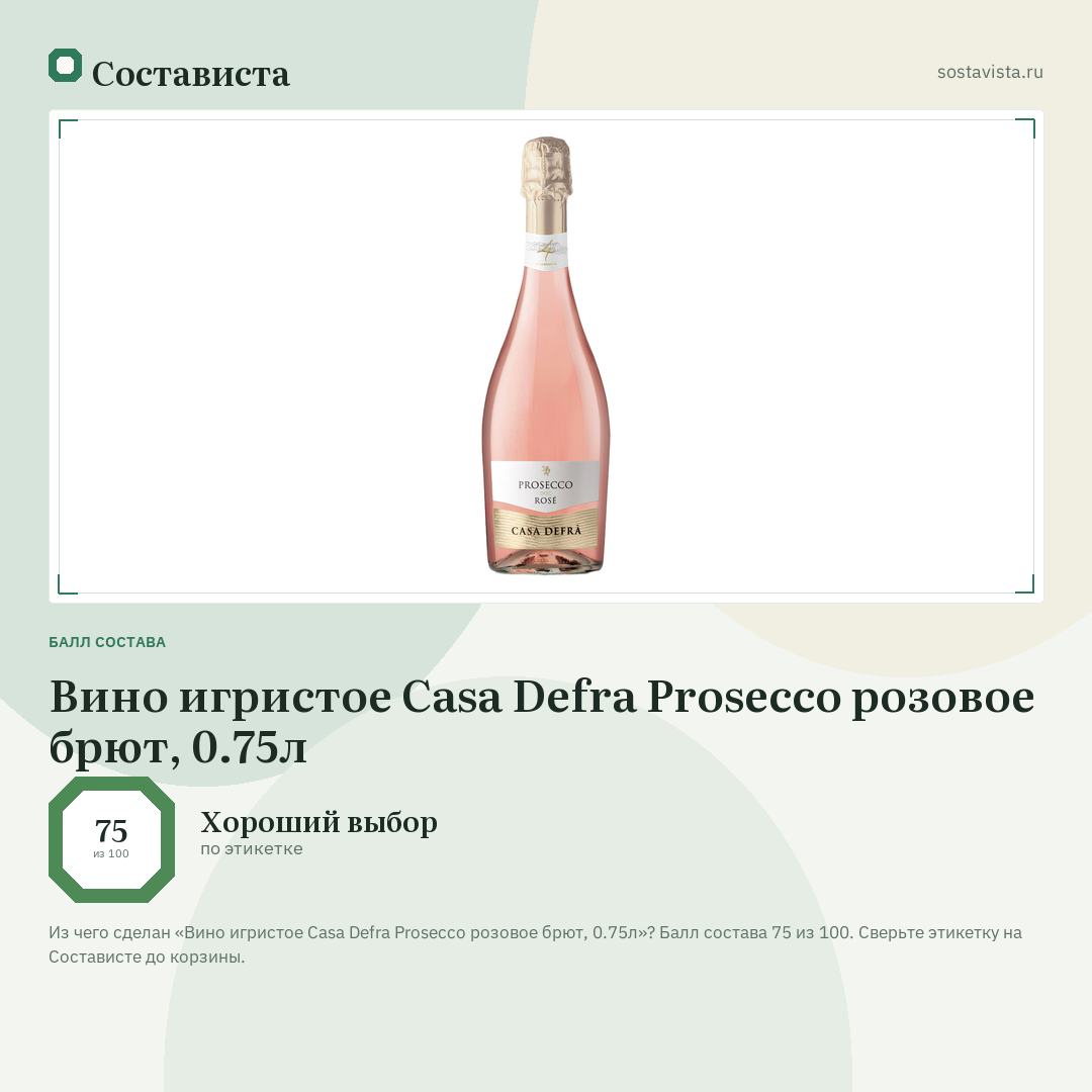 Вино игристое Casa Defra Prosecco розовое брют, 0.75л: балл состава 75 из 100 — Состависта