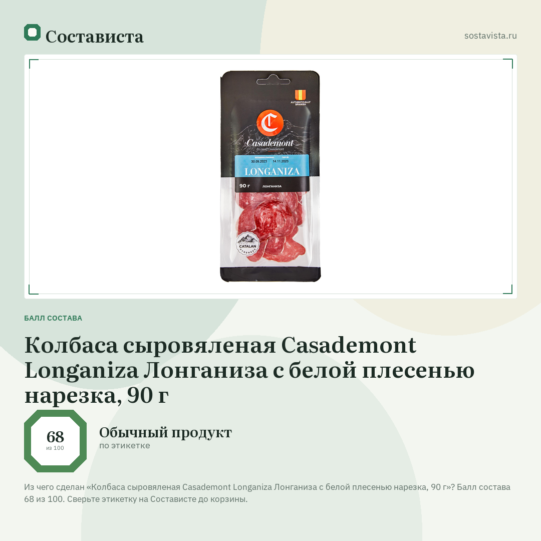 Колбаса сыровяленая Casademont Longaniza Лонганиза с белой плесенью нарезка, 90 г: балл состава 68 из 100 — Состависта