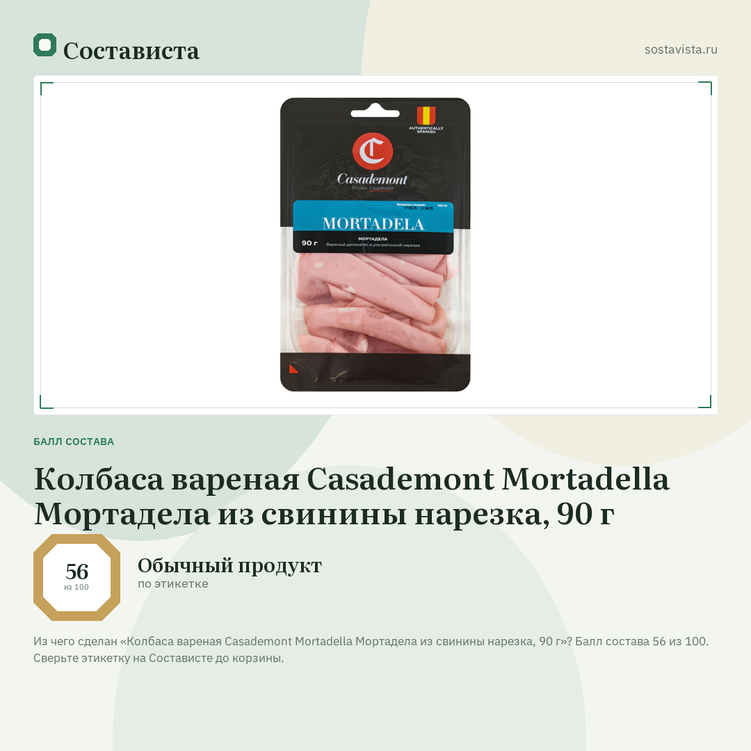 Колбаса вареная Casademont Mortadella Мортадела из свинины нарезка, 90 г: балл состава 56 из 100 — Состависта