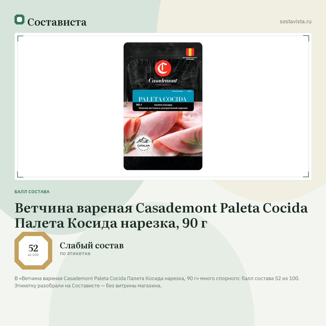 Ветчина вареная Casademont Paleta Cocida Палета Косида нарезка, 90 г: балл состава 52 из 100 — Состависта