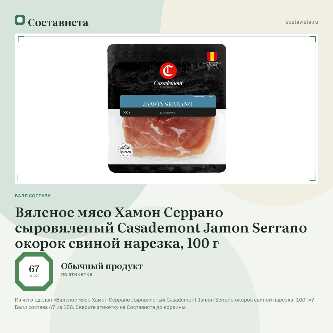 Вяленое мясо Хамон Серрано сыровяленый Casademont Jamon Serrano окорок свиной нарезка, 100 г: балл состава 67 из 100 — Состависта