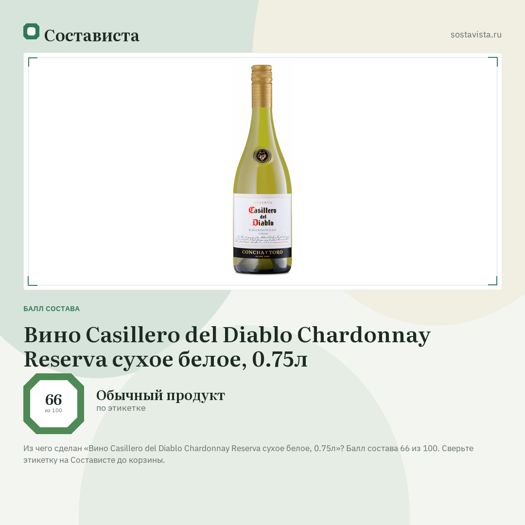 Вино Casillero del Diablo Chardonnay Reserva сухое белое, 0.75л: балл состава 66 из 100 — Состависта