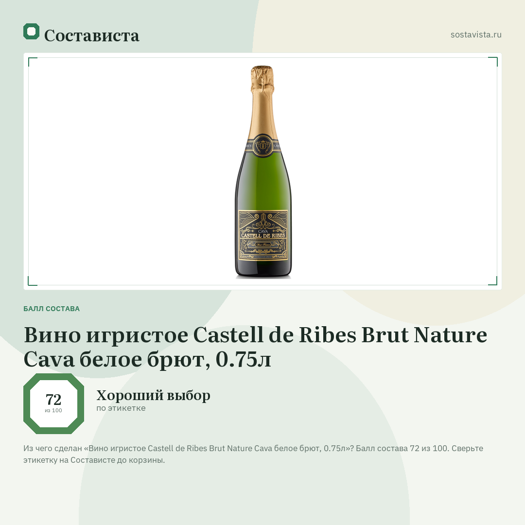 Вино игристое Castell de Ribes Brut Nature Cava белое брют, 0.75л: балл состава 72 из 100 — Состависта