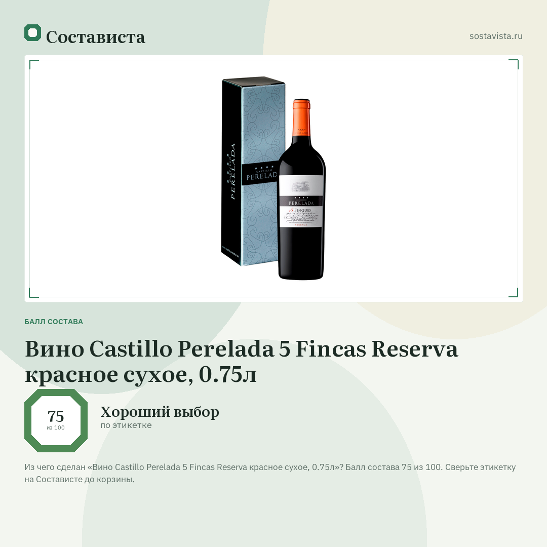 Вино Castillo Perelada 5 Fincas Reserva красное сухое, 0.75л: балл состава 75 из 100 — Состависта
