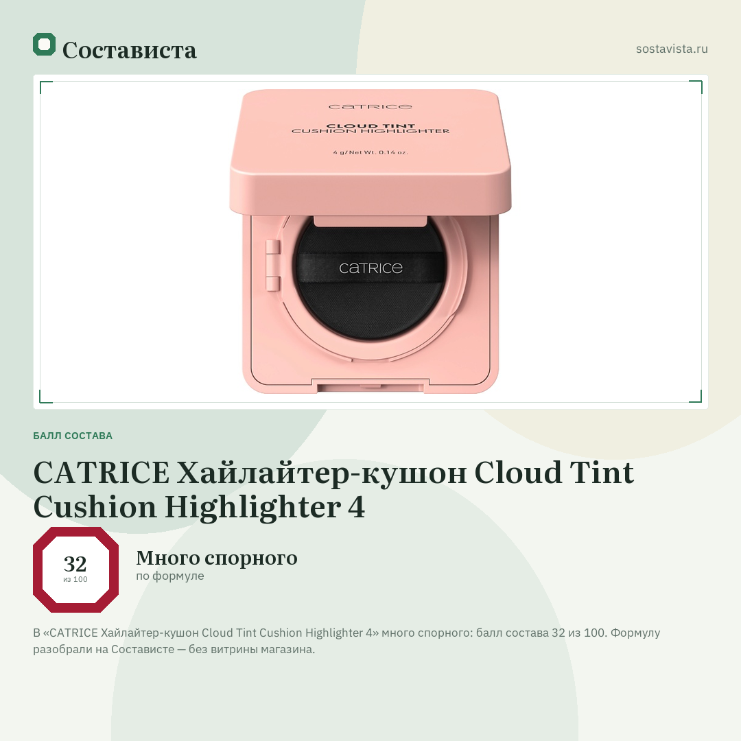 CATRICE Хайлайтер-кушон Cloud Tint Cushion Highlighter 4: балл состава 32 из 100 — Состависта