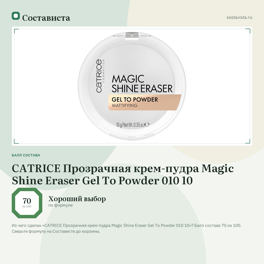 CATRICE Прозрачная крем-пудра Magic Shine Eraser Gel To Powder 010 10: балл состава 70 из 100 — Состависта