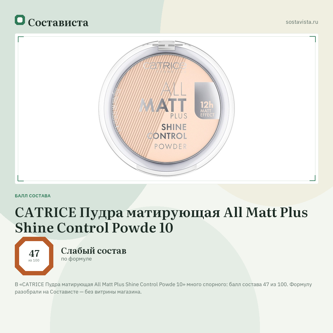 CATRICE Пудра матирующая All Matt Plus Shine Control Powde 10: балл состава 47 из 100 — Состависта