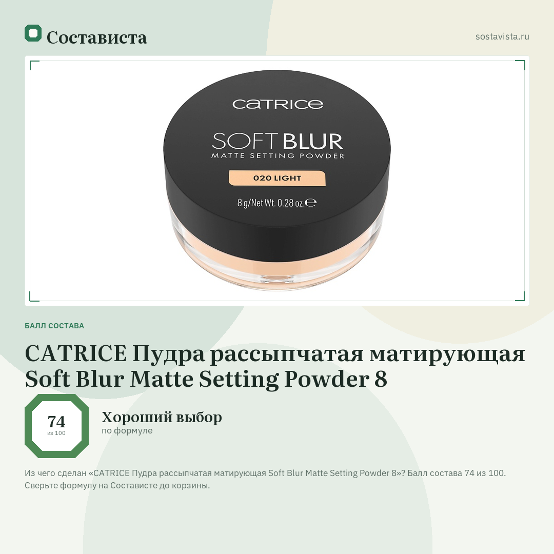 CATRICE Пудра рассыпчатая матирующая Soft Blur Matte Setting Powder 8: балл состава 74 из 100 — Состависта