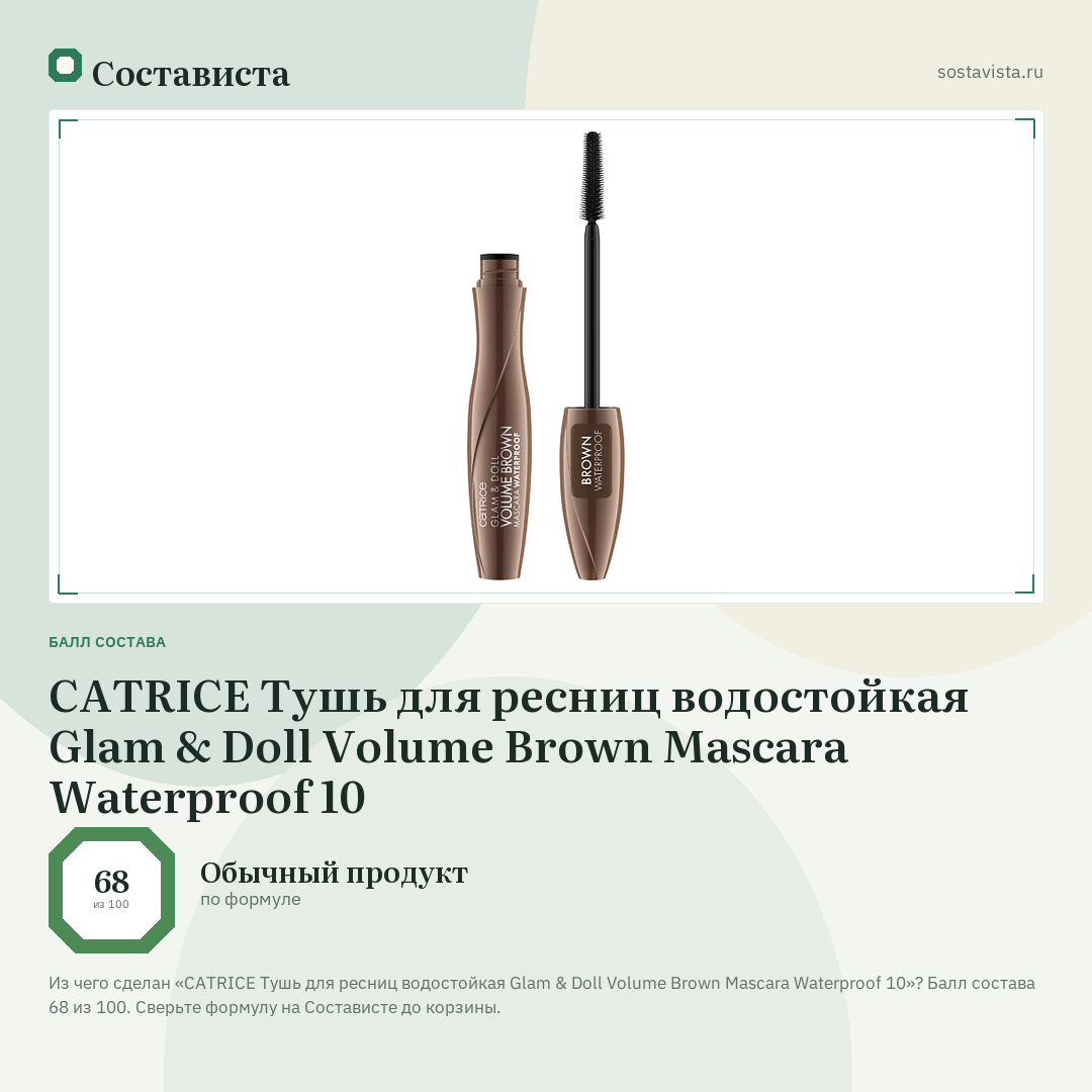 CATRICE Тушь для ресниц водостойкая Glam & Doll Volume Brown Mascara Waterproof 10: балл состава 68 из 100 — Состависта