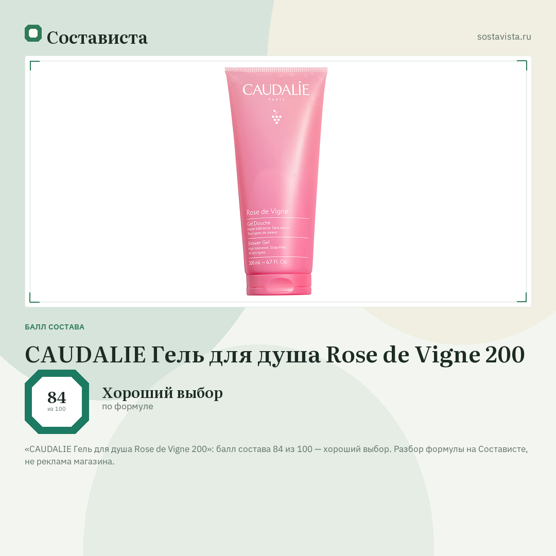 CAUDALIE Гель для душа Rose de Vigne 200: балл состава 84 из 100 — Состависта