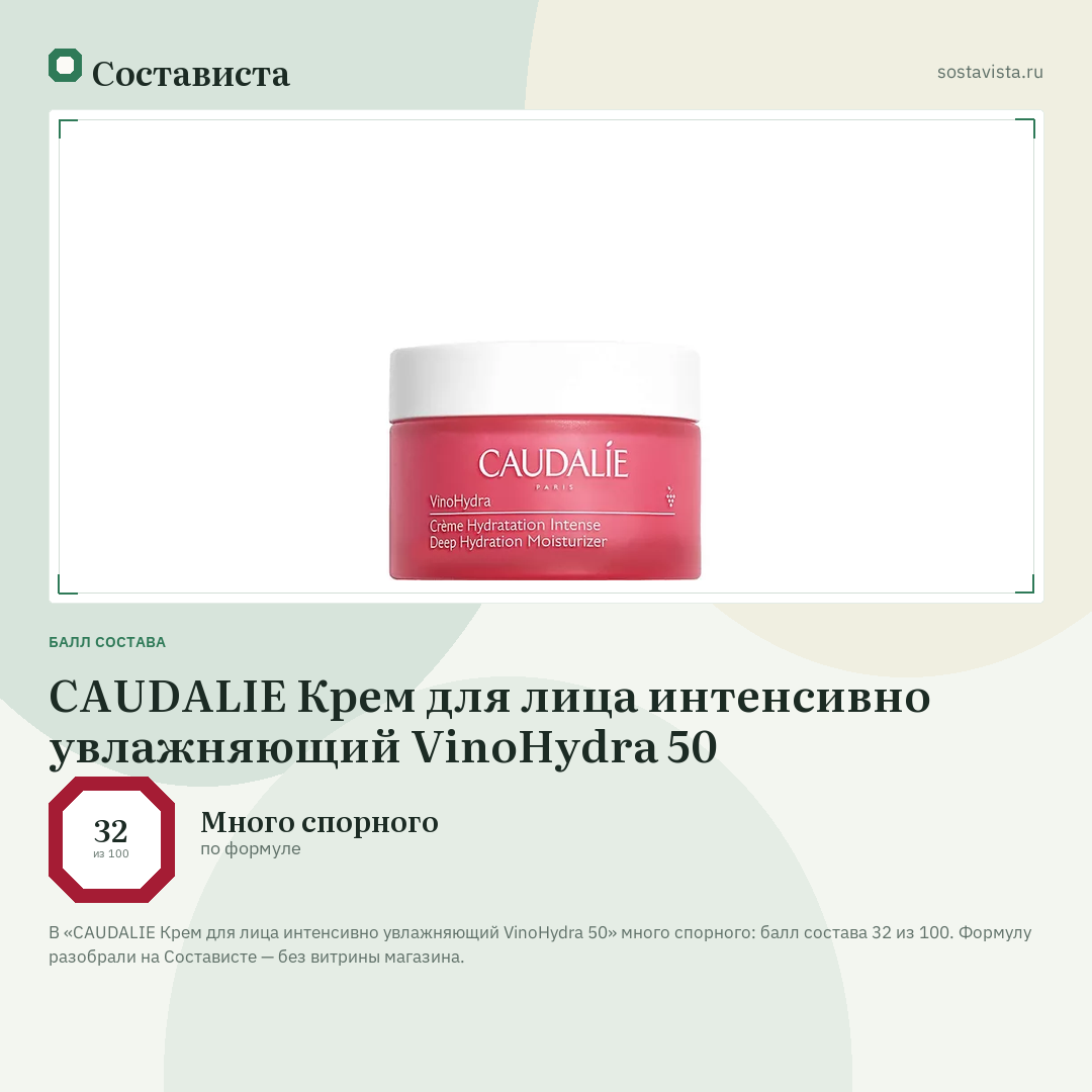 CAUDALIE Крем для лица интенсивно увлажняющий VinoHydra 50: балл состава 32 из 100 — Состависта