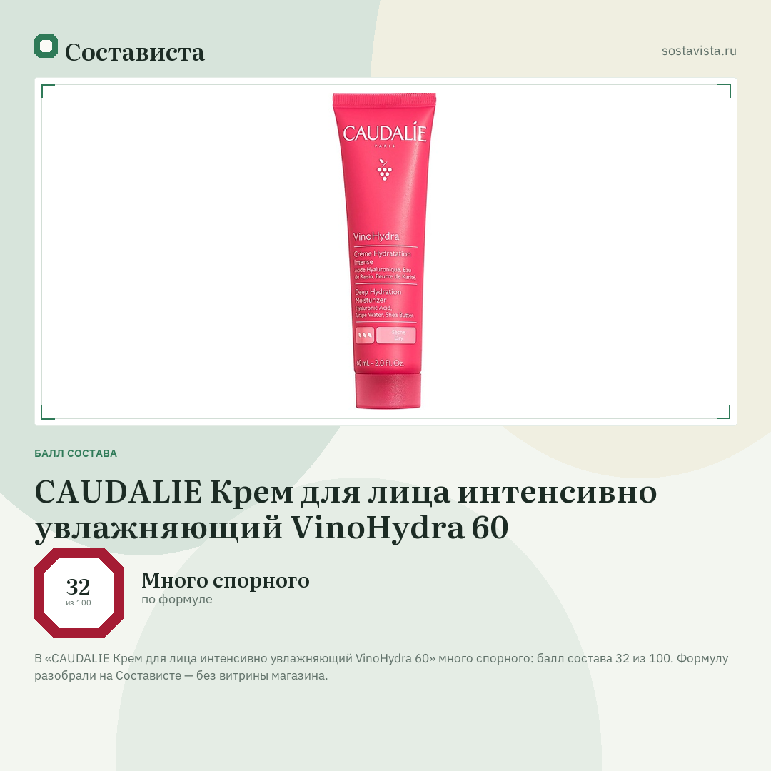 CAUDALIE Крем для лица интенсивно увлажняющий VinoHydra 60: балл состава 32 из 100 — Состависта