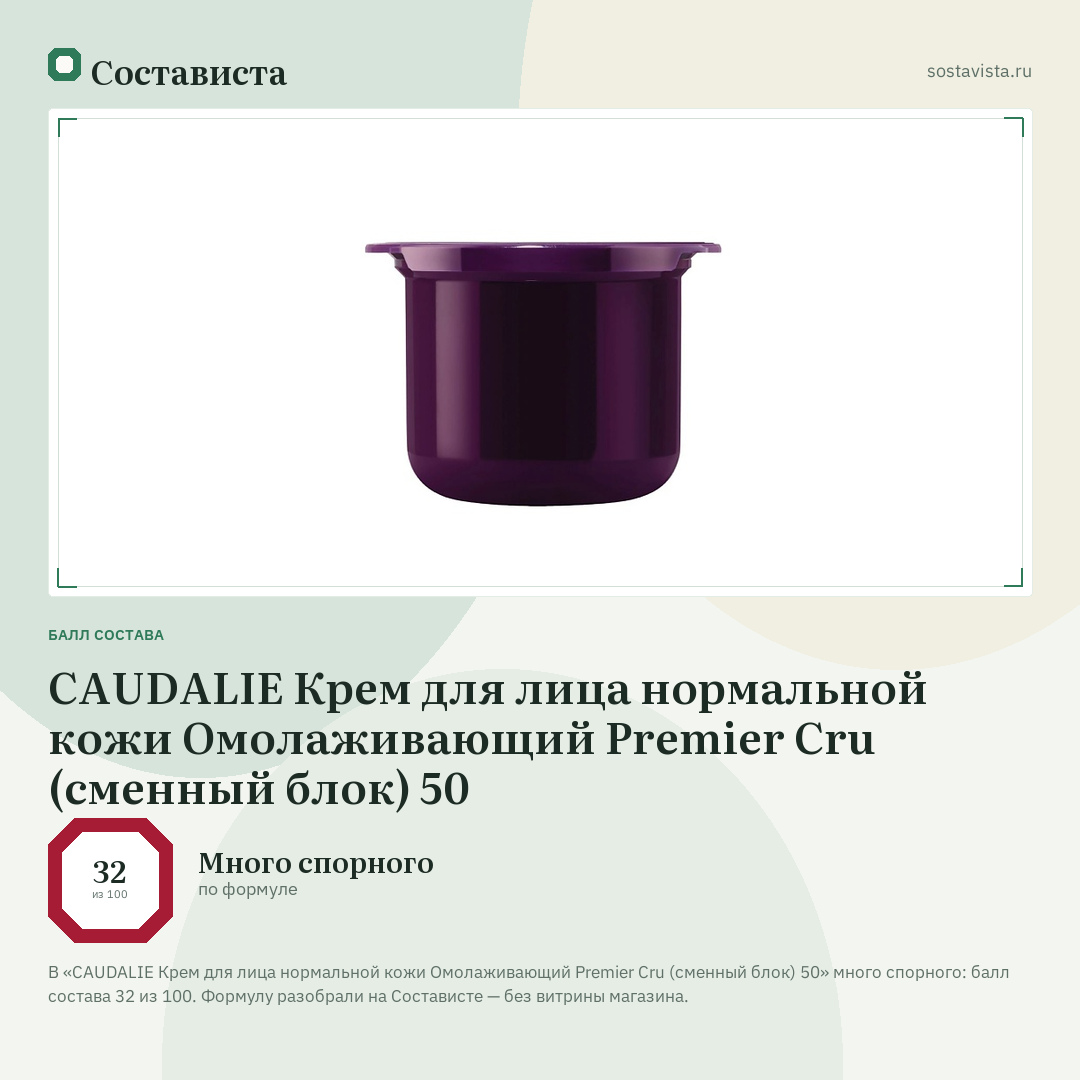CAUDALIE Крем для лица нормальной кожи Омолаживающий Premier Cru (сменный блок) 50: балл состава 32 из 100 — Состависта