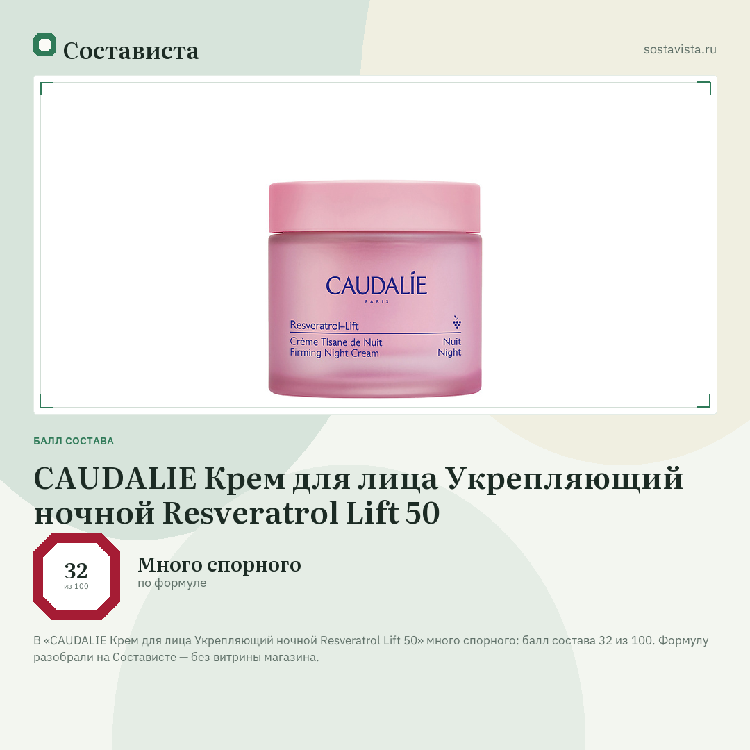CAUDALIE Крем для лица Укрепляющий ночной Resveratrol Lift 50: балл состава 32 из 100 — Состависта