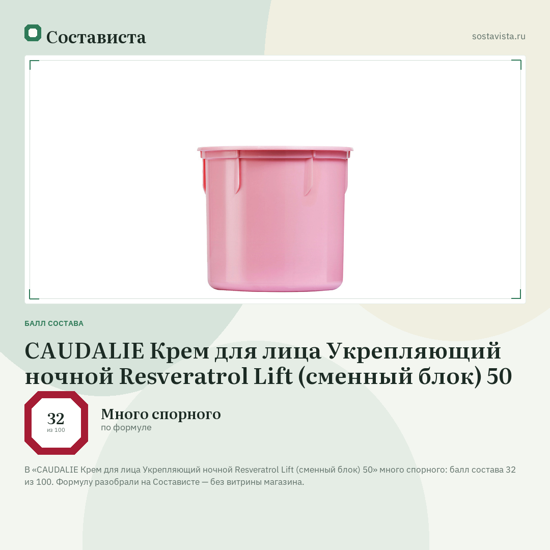 CAUDALIE Крем для лица Укрепляющий ночной Resveratrol Lift (сменный блок) 50: балл состава 32 из 100 — Состависта