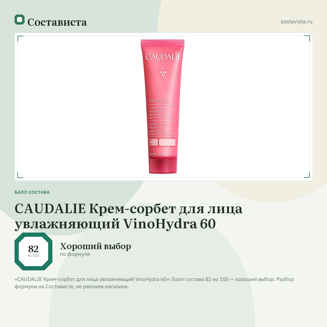 CAUDALIE Крем-сорбет для лица увлажняющий VinoHydra 60: балл состава 82 из 100 — Состависта