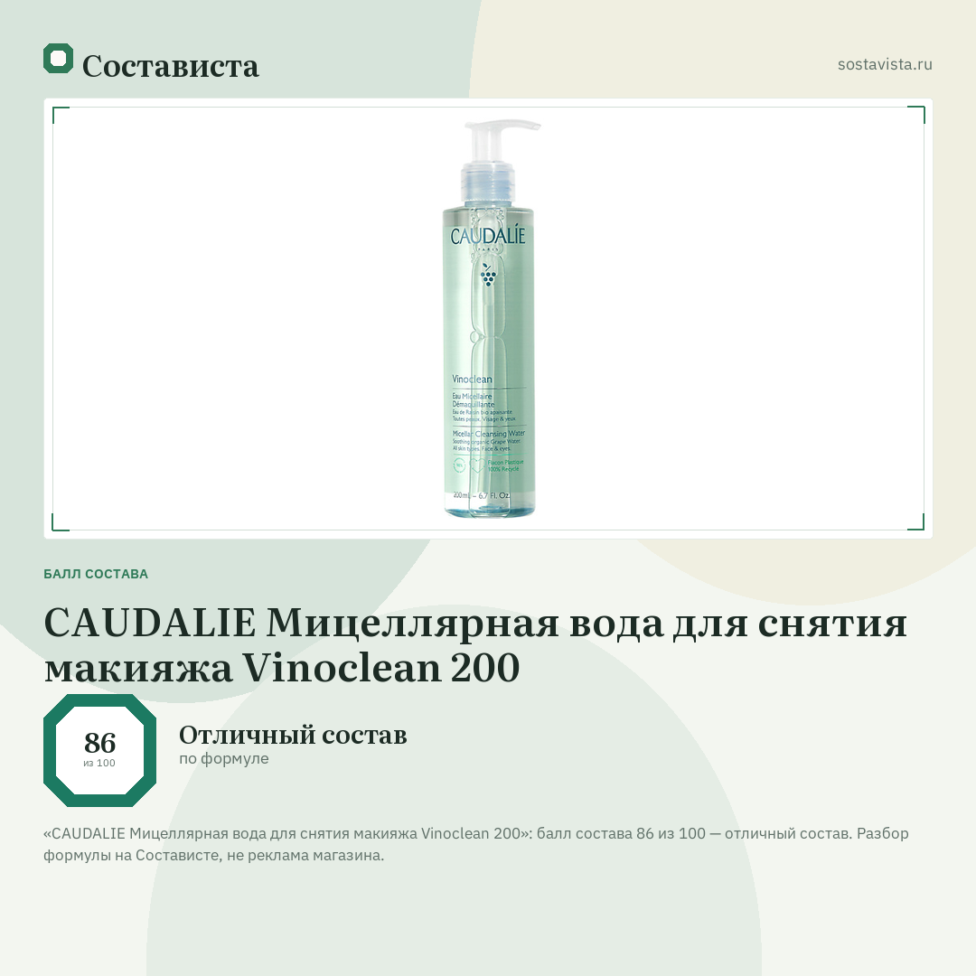 CAUDALIE Мицеллярная вода для снятия макияжа Vinoclean 200: балл состава 86 из 100 — Состависта