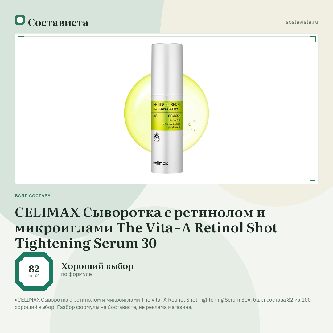 CELIMAX Cыворотка с ретинолом и микроиглами The Vita−A Retinol Shot Tightening Serum 30: балл состава 82 из 100 — Состависта