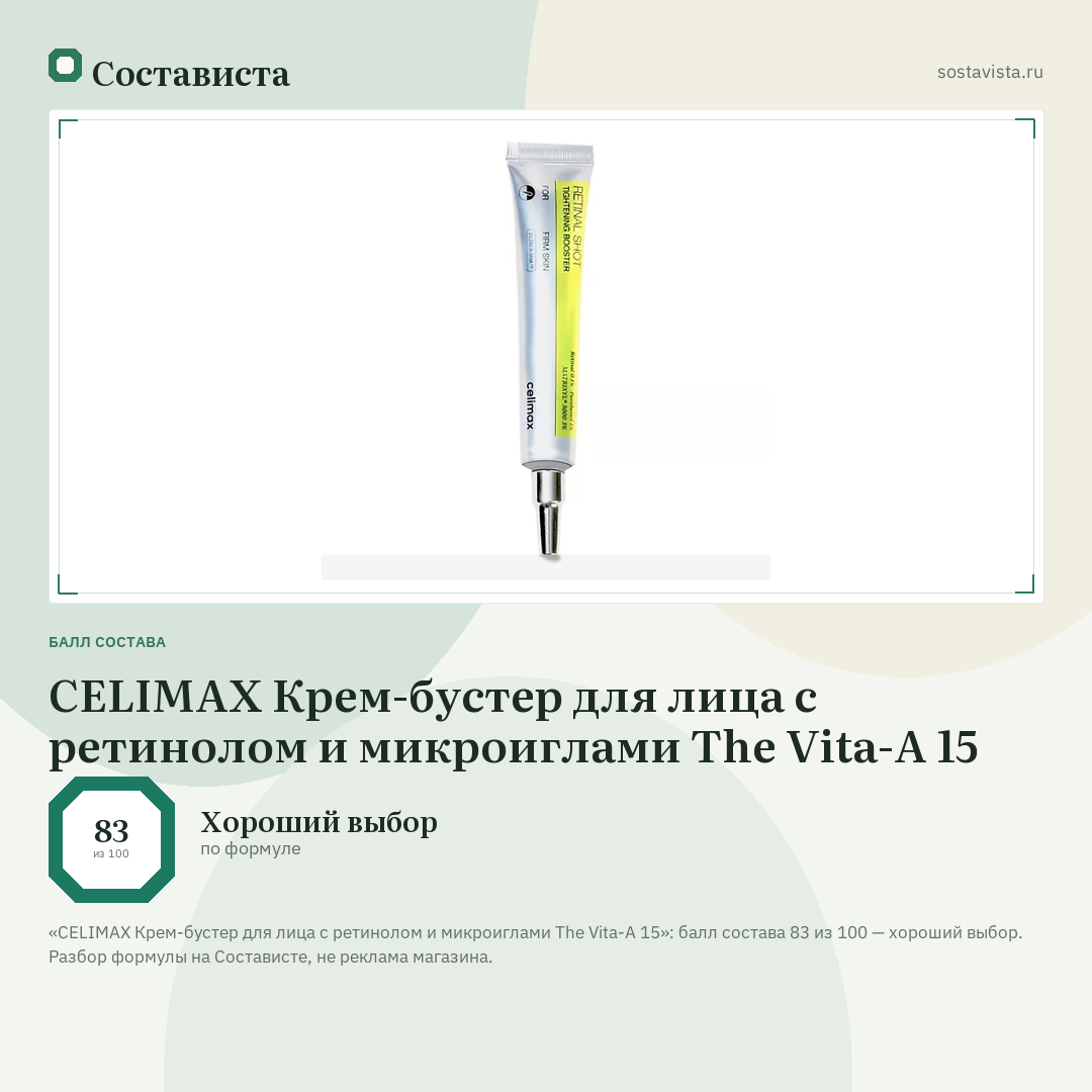 CELIMAX Крем-бустер для лица с ретинолом и микроиглами The Vita-A 15: балл состава 83 из 100 — Состависта